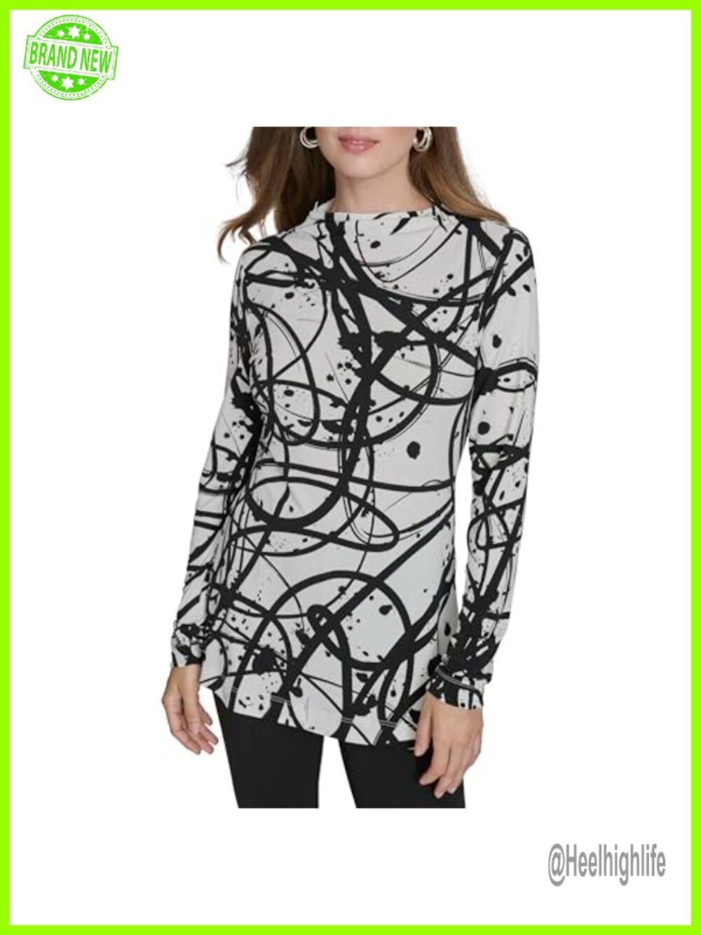 Halston Printed Long Sleeve Jersey Knit Top Classic Fit Pullover